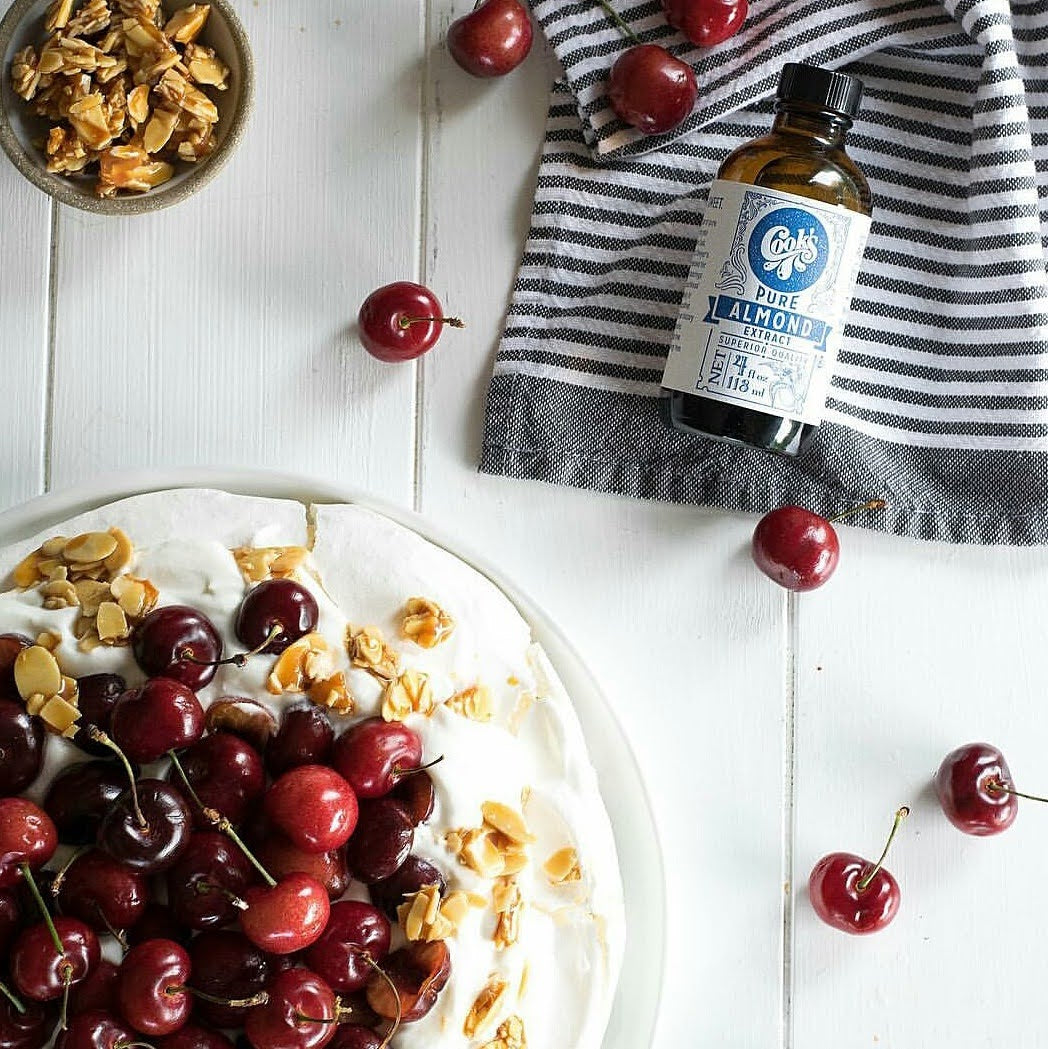 Caramelized Almond Brittle and Cherry Pavlova